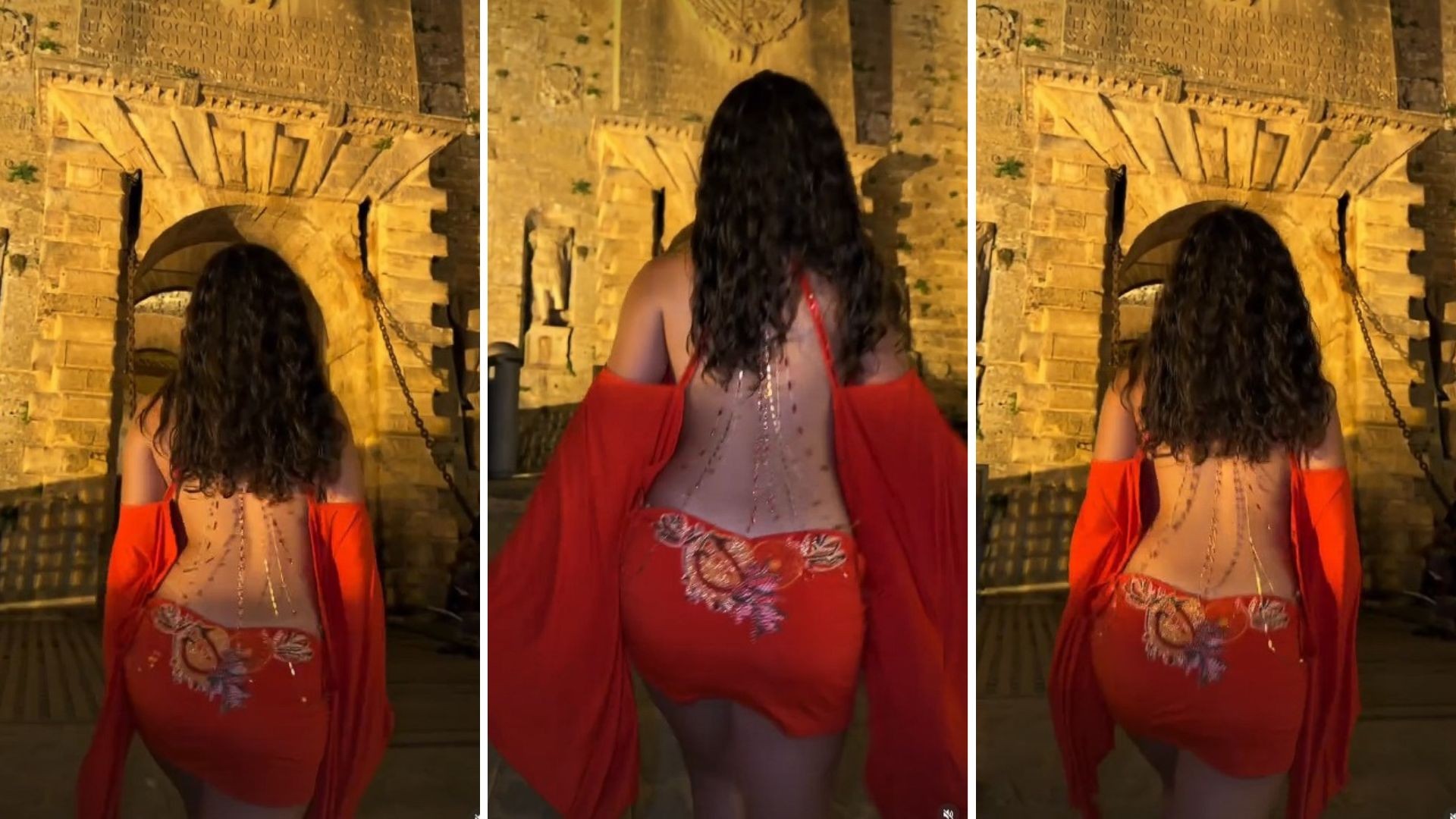 Maisa usa vestido laranja com costas à mostra em Ibiza