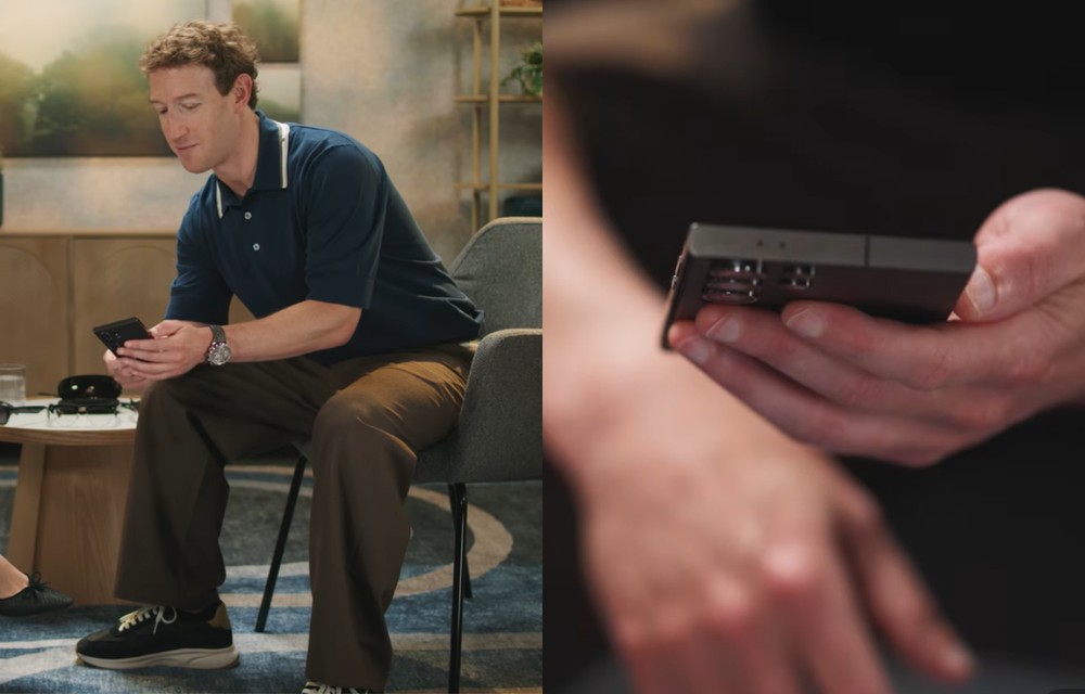 Mark Zuckerberg segura um celular Samsung durante entrevista