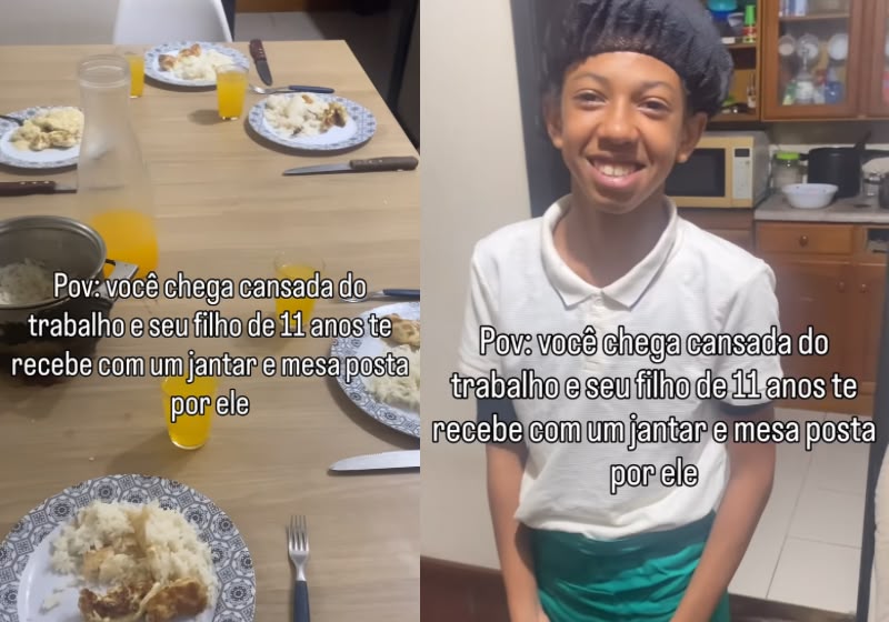 Francisco, de 11 anos, usa touca e avental enquanto prepara jantar