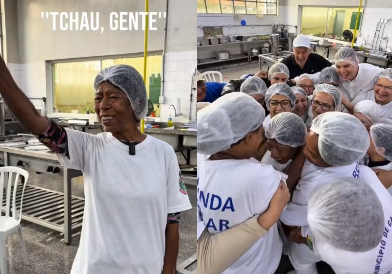 Maria de Lourdes recebe abraço de colegas no último dia de trabalho