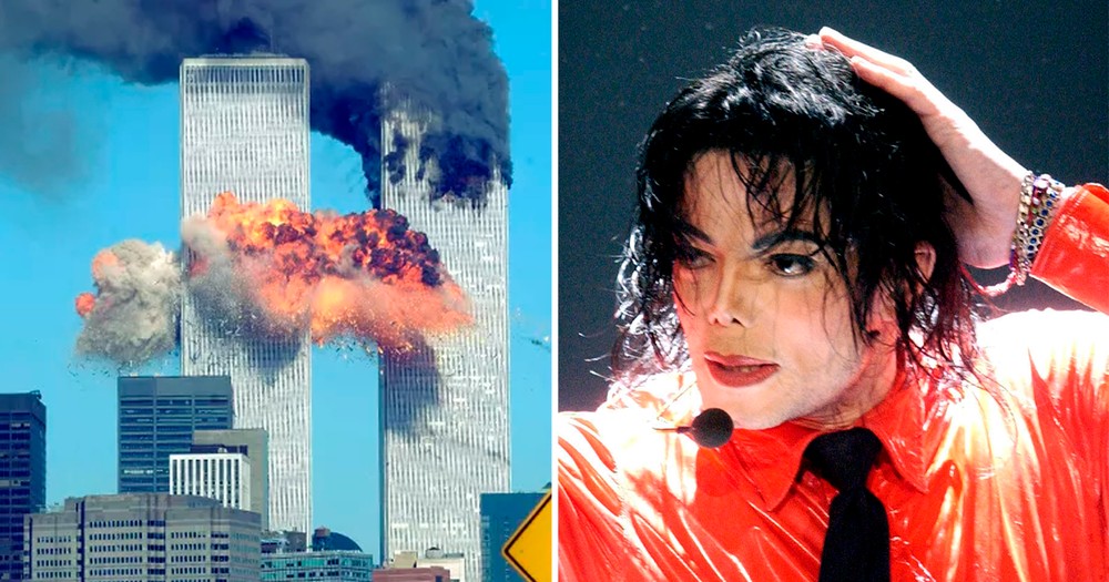 Michael Jackson ao lado de cena dos atentados de 11 de setembro