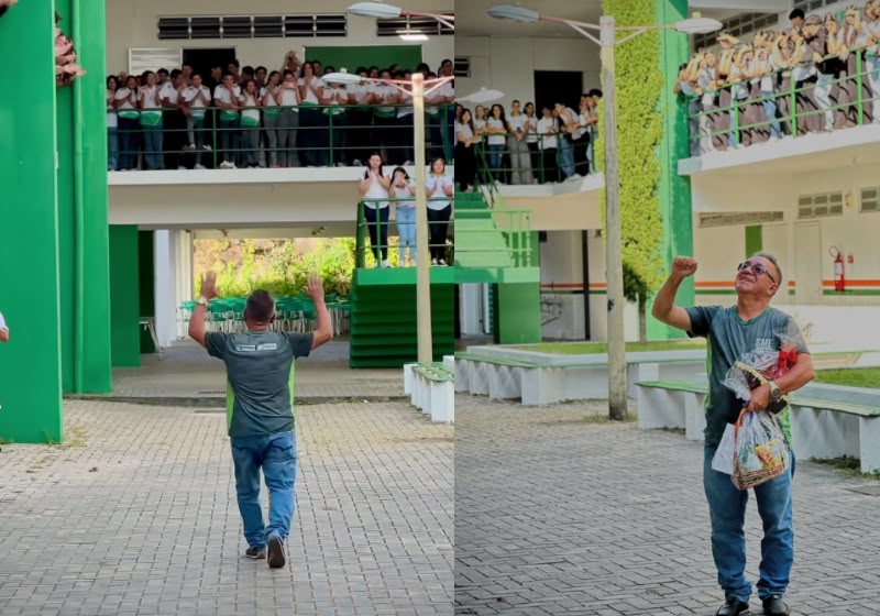 Seu Luis recebe aplausos de estudantes e professores em escola de Viçosa do Ceará