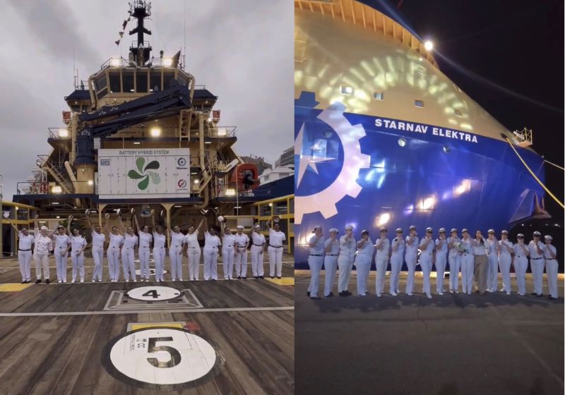 Tripulantes do Starnav Elektra durante viagem inaugural