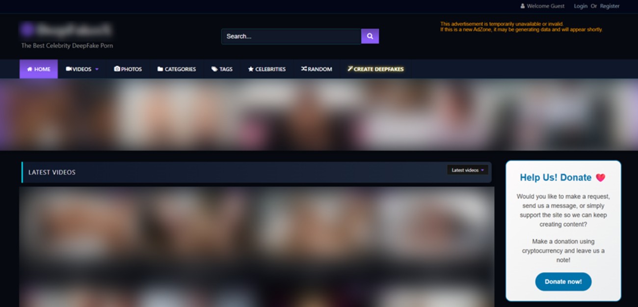 Página de site que oferecia pornografia deepfake de pessoas famosas