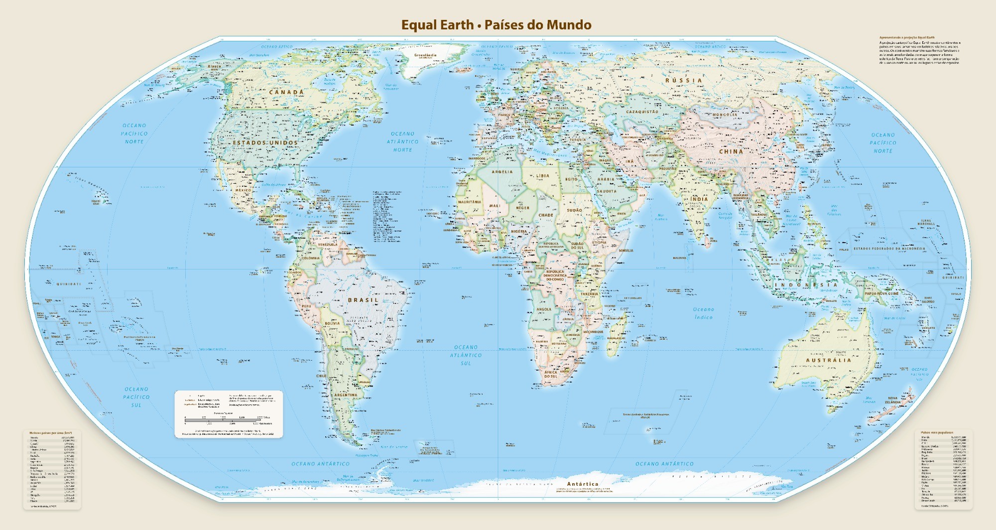 Mapa-múndi na projeção Equal Earth com continentes em proporções de área mais próximas das reais