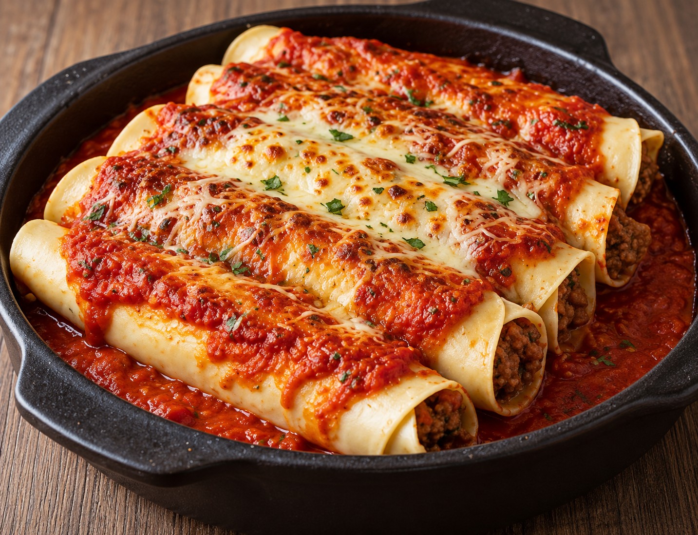 Panquecas recheadas com carne moída e molho de tomate