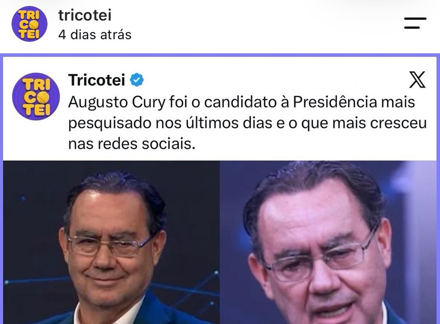 Publicação sobre Augusto Cury no perfil Tricotei