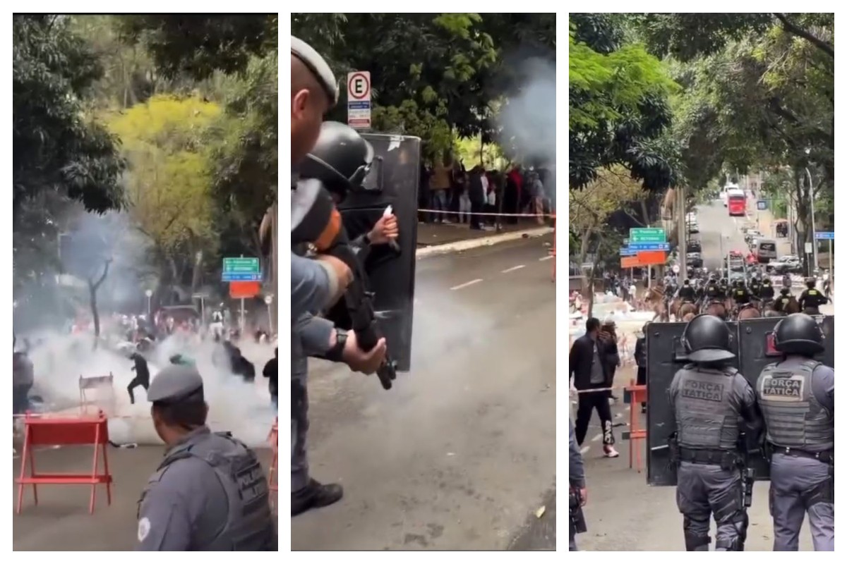 Policiais militares lançam gás lacrimogêneo contra manifestantes na Avenida Paulista