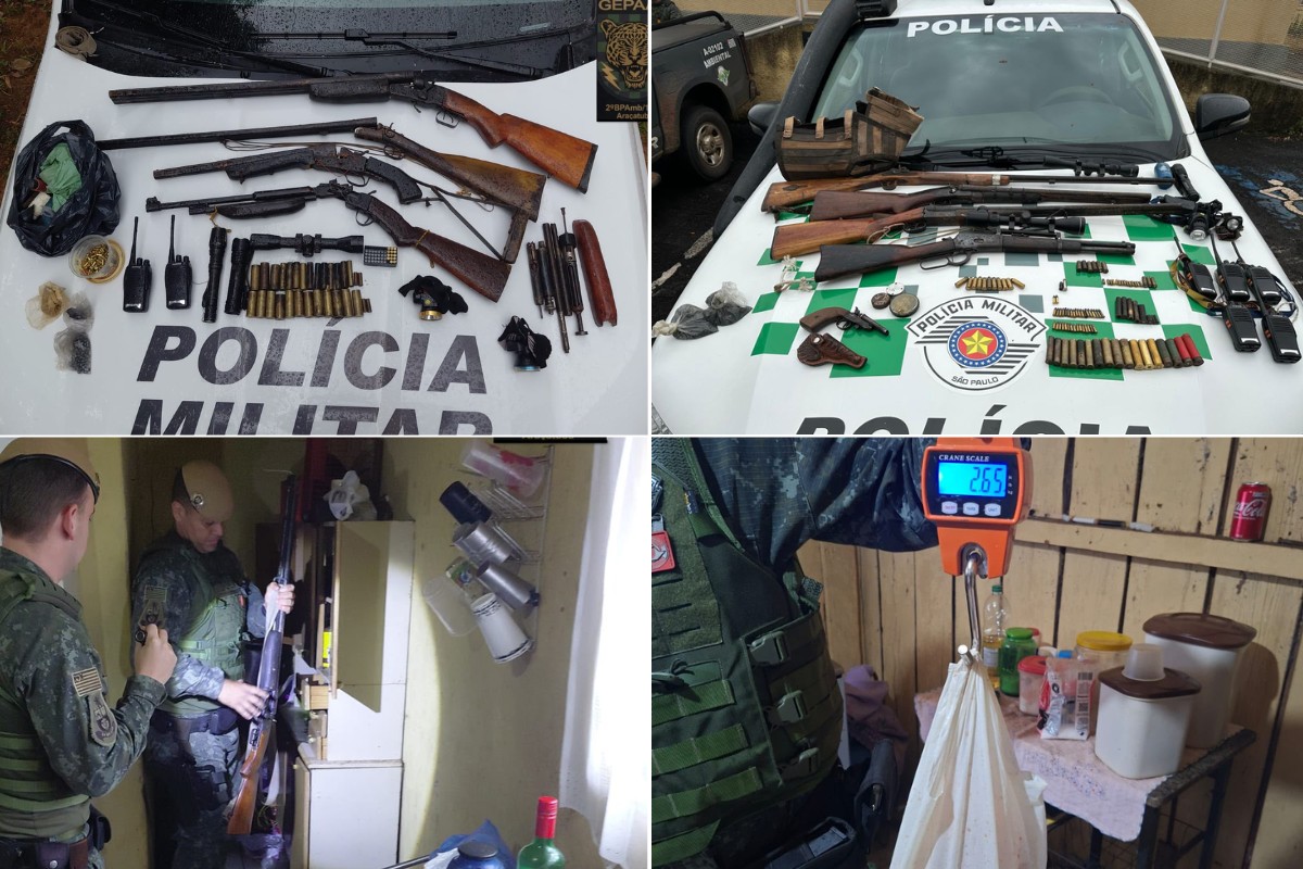Armas, munições e materiais para caça apreendidos pela Polícia Ambiental em Martinópolis