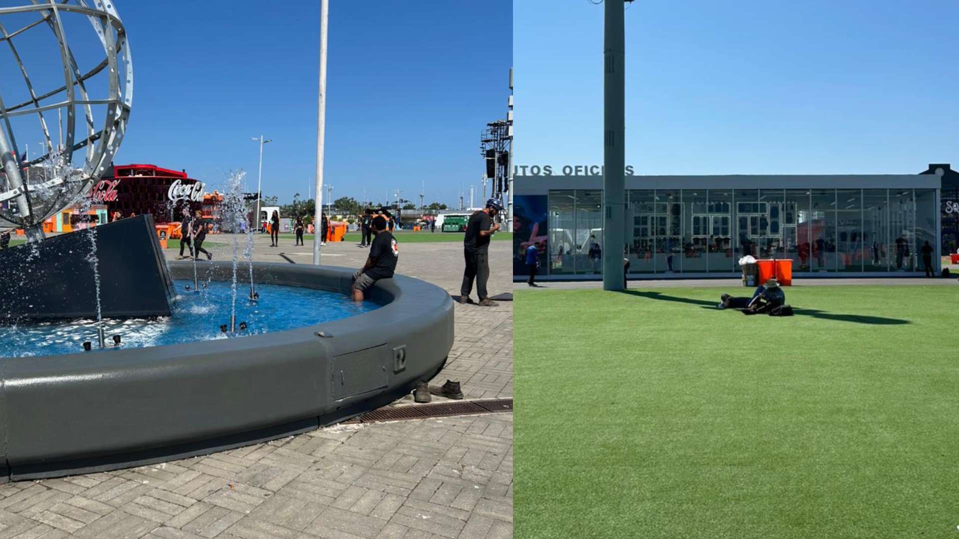 Pessoas se refrescam em chafariz na Cidade do Rock
