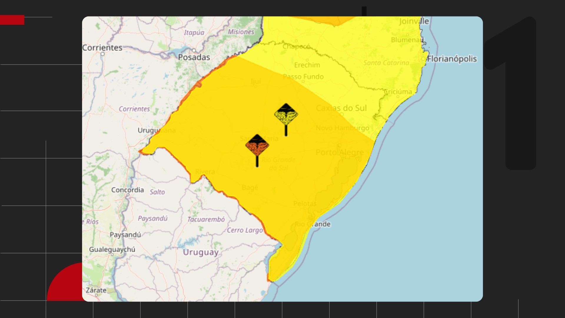 Mapa de previsão de tempestades no Rio Grande do Sul