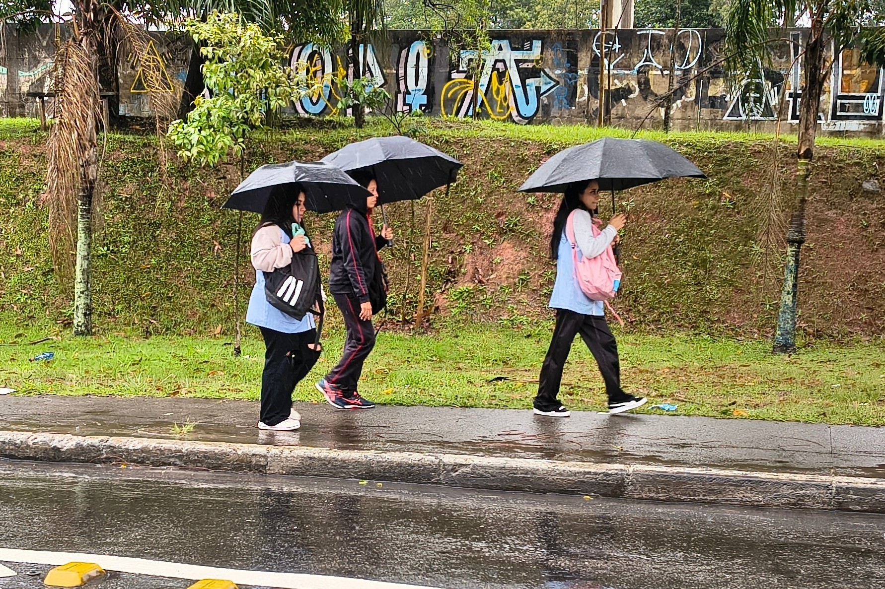 Pedestres usam guarda-chuvas durante chuva na Zona Sul de São Paulo