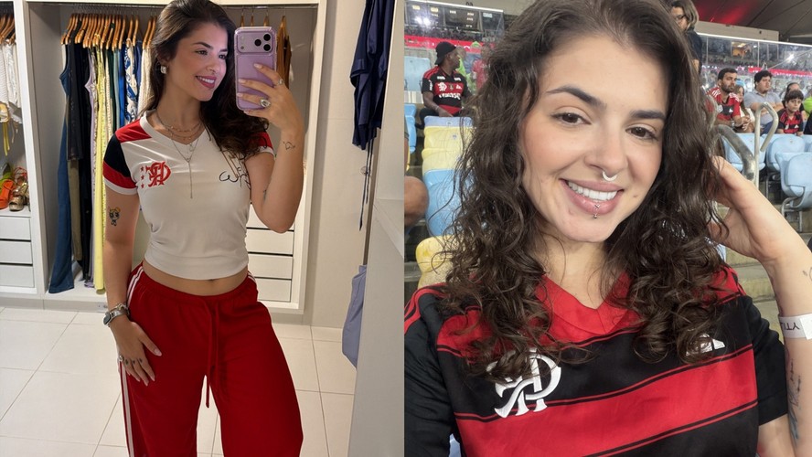 Kerolay Chaves segura camisa do Flamengo autografada por Lucas Paquetá