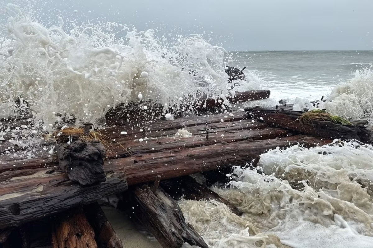 Restos de madeira expostos na areia de uma praia em Nantucket