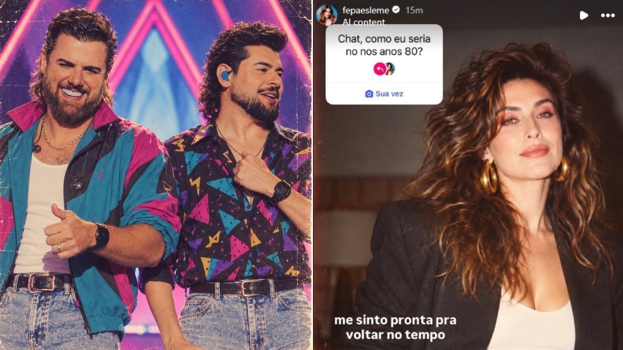 Montagem com Zé Neto, Cristiano e Fernanda Paes Leme em versões inspiradas nos anos 80