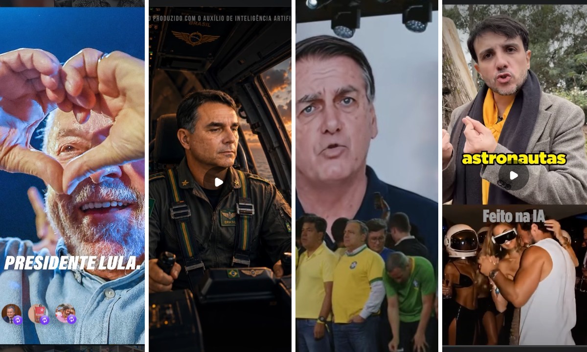 Lula, Flávio Bolsonaro, Jair Bolsonaro e Renan Santos em montagens com inteligência artificial