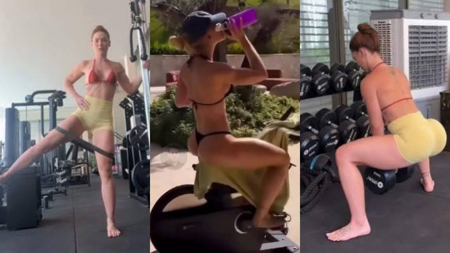 Virgínia Fonseca treina musculação descalça em academia
