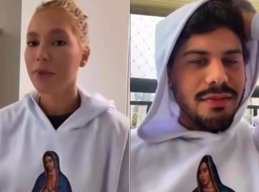 Virginia Fonseca com moletom branco estampado com Nossa Senhora