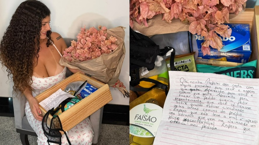 Alê Gaúcha com cesta de presentes e sutiã recebido de vizinha