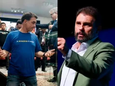 Montagem com Flávio Bolsonaro à esquerda e o bispo JB Carvalho à direita