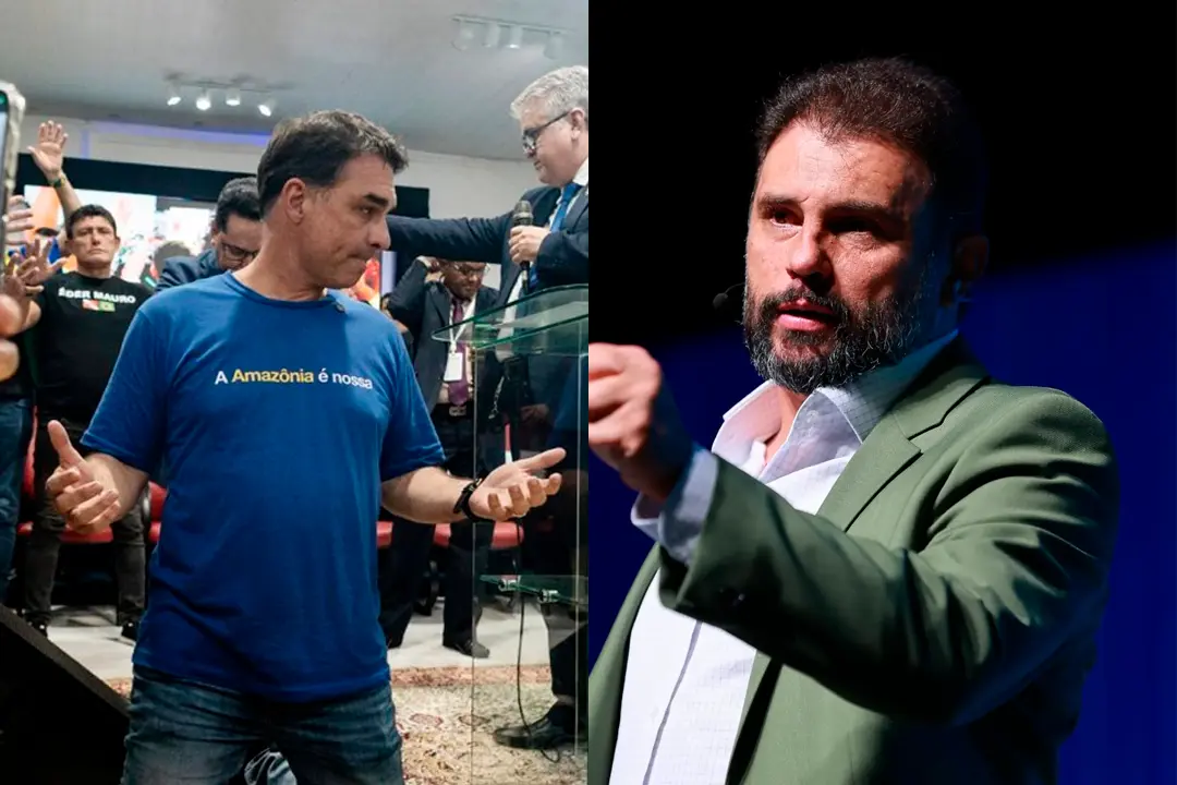 Montagem com Flávio Bolsonaro à esquerda e o bispo JB Carvalho à direita