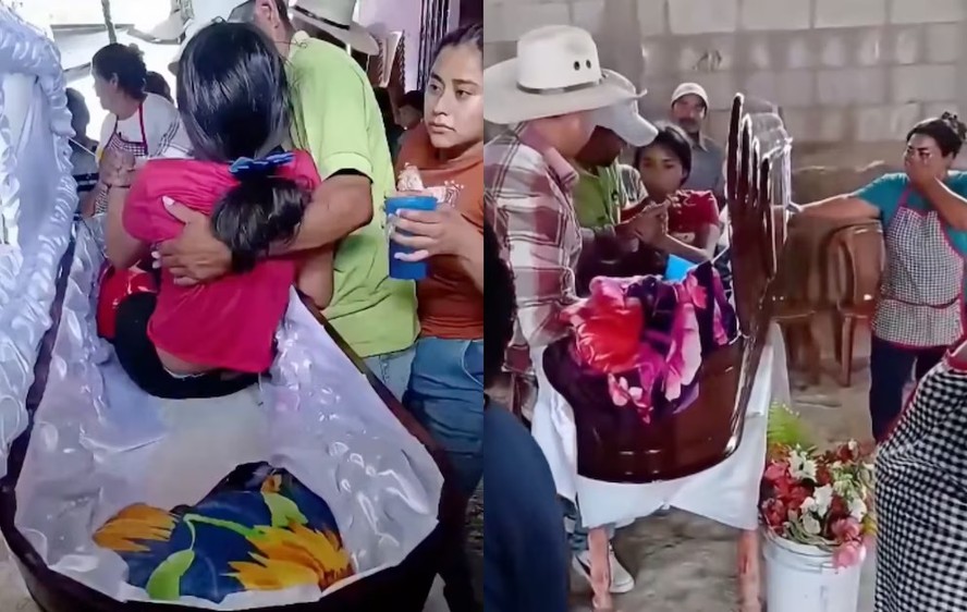 Pessoas reunidas ao redor de caixão durante velório na Guatemala