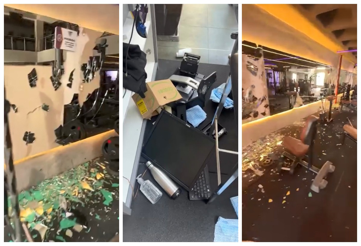 Espelhos quebrados dentro de academia na Rua Oscar Freire