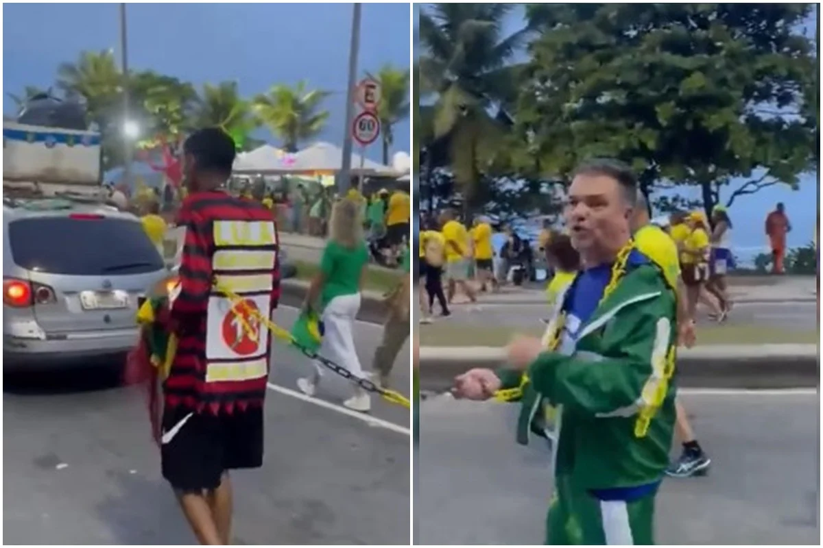 Homem negro com adesivos do PT é puxado por uma corrente durante ato na Barra da Tijuca