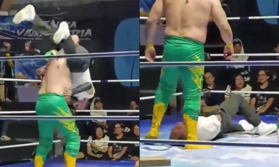 Lutador aplica golpe em árbitro durante evento de luta livre no México