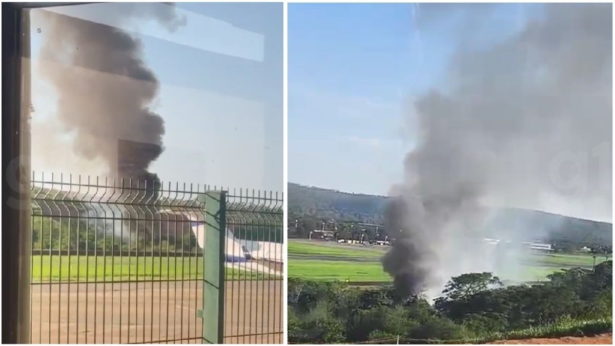 Coluna de fumaça preta após queda de avião perto do Aeroporto do Vale do Aço