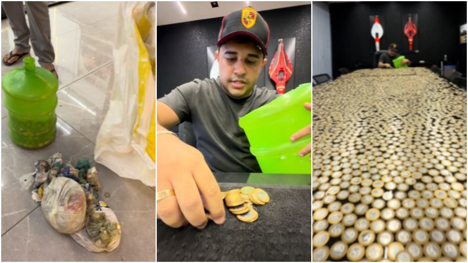 Rafael Fernandes com sacos e garrafão de moedas de R$ 1