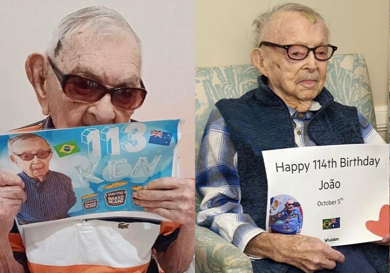 João Marinho Neto com cartaz de aniversário