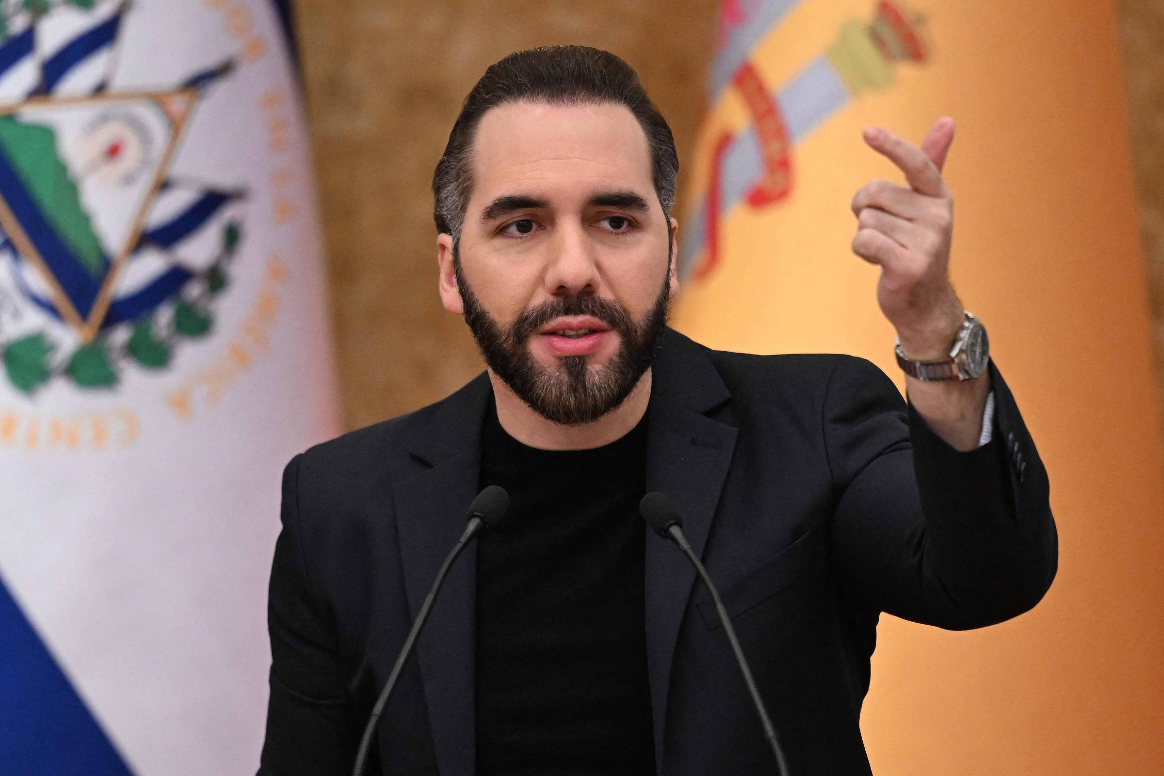 Nayib Bukele durante discurso na Casa Presidencial de San Salvador