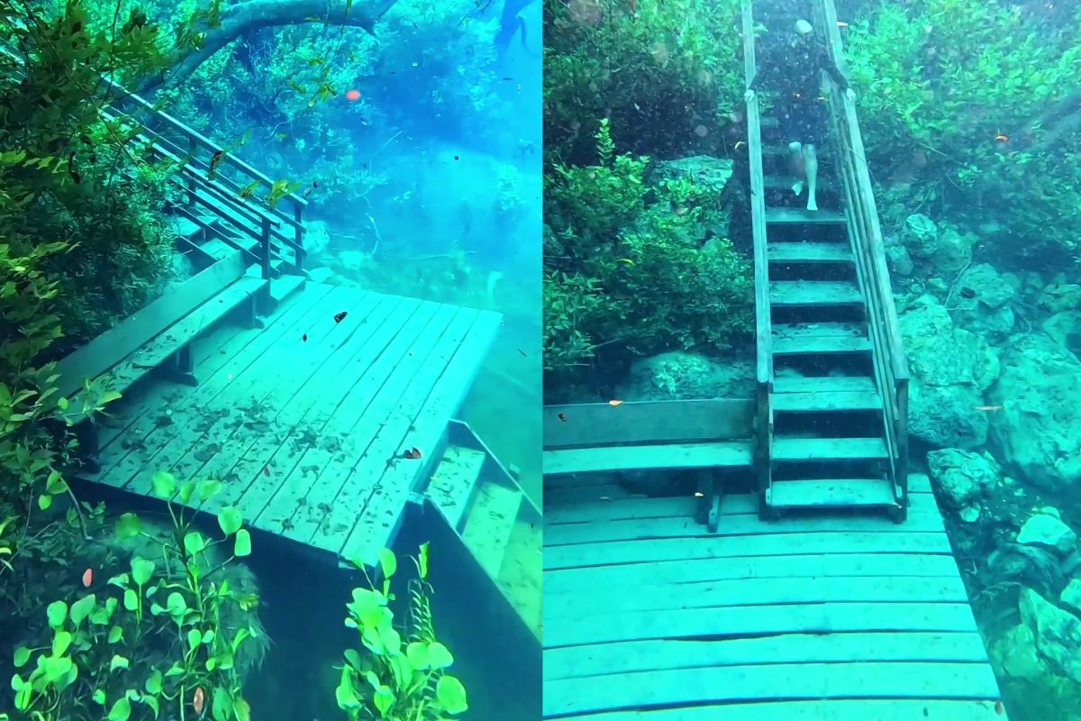 Escadas e bancos submersos no Fervedouro Rio Azul, em Bodoquena