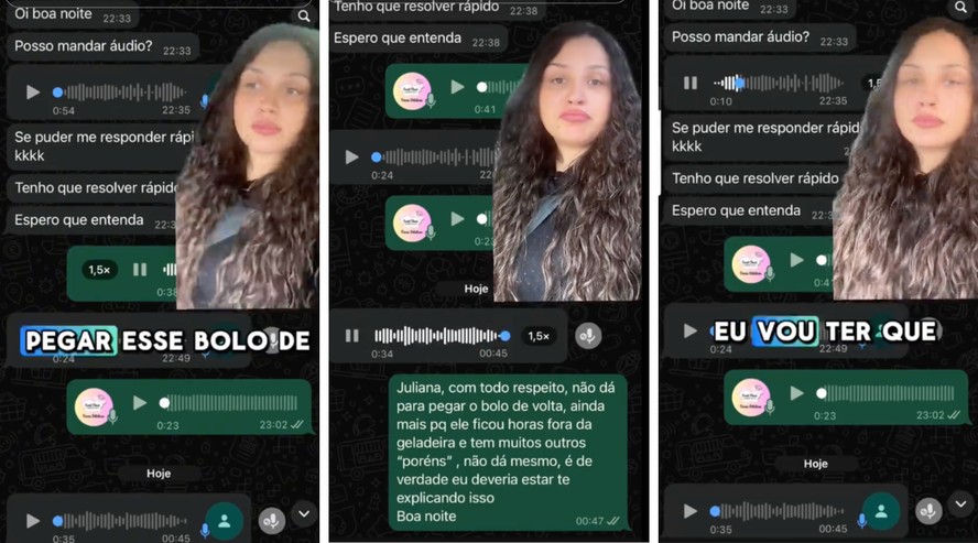 Confeiteira Paula Freittas em vídeo sobre conversa com cliente