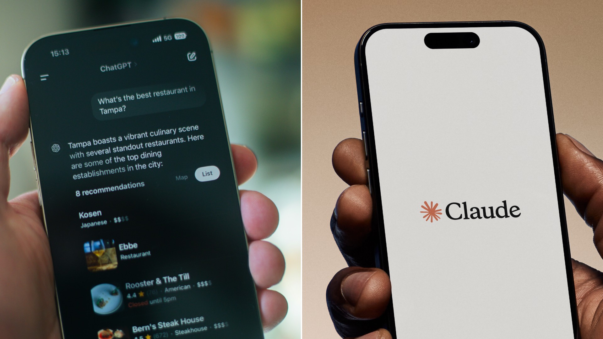 Logotipos do ChatGPT e do Claude em telas digitais