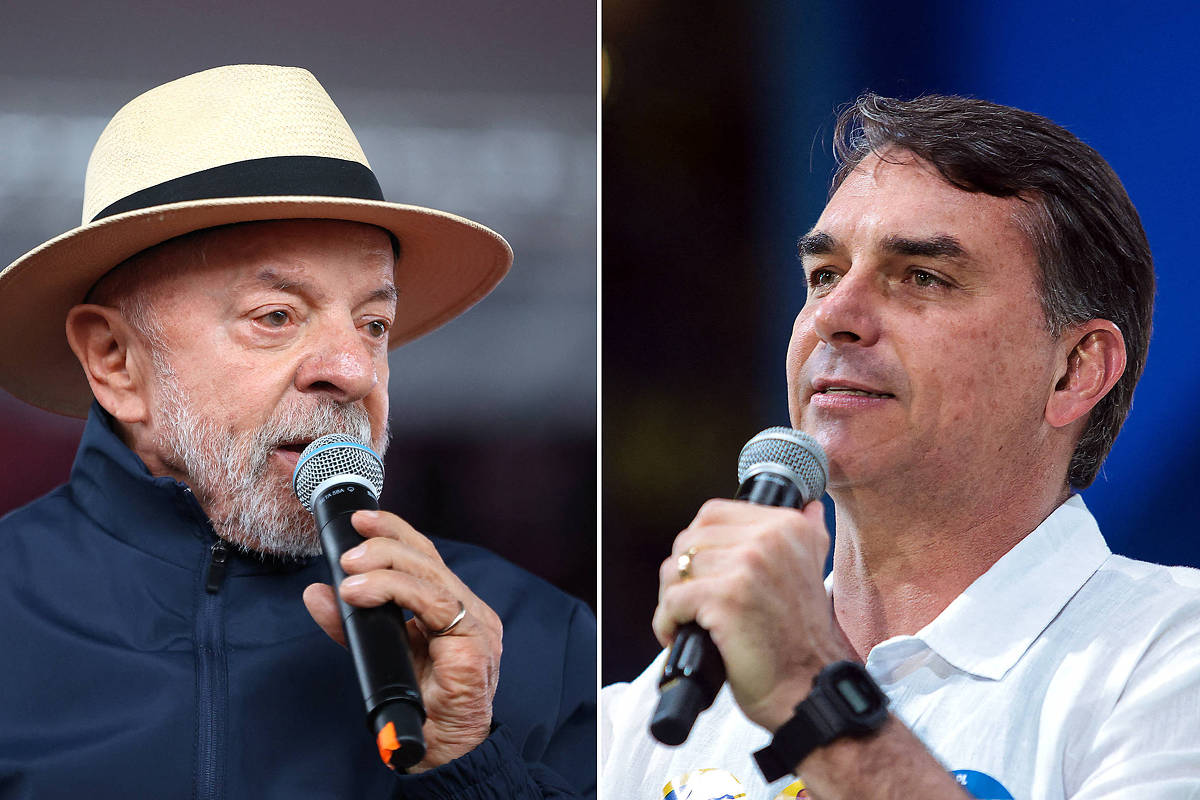 Lula e Flávio Bolsonaro em montagem com microfones