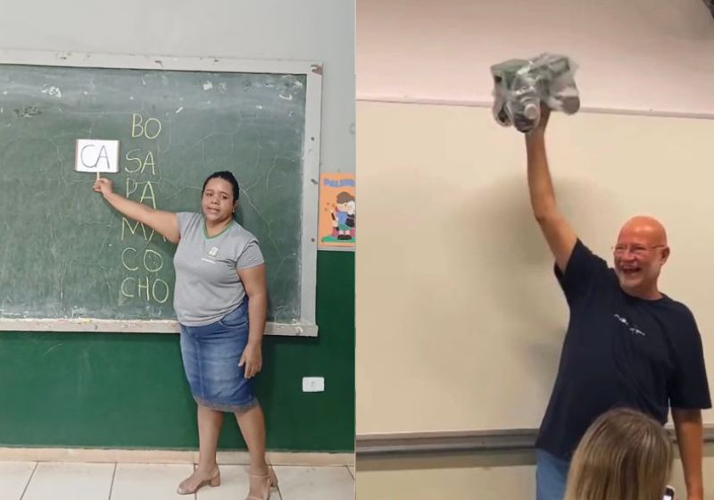 Professora Marcela e professor Irineu em sala de aula