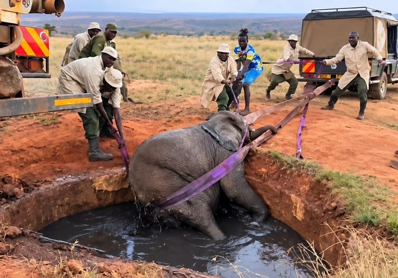 Elefantinha durante resgate de fossa no Quênia