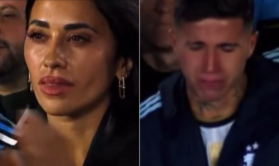Antonela Roccuzzo e Enzo Fernández durante a despedida de Lionel Messi da seleção argentina