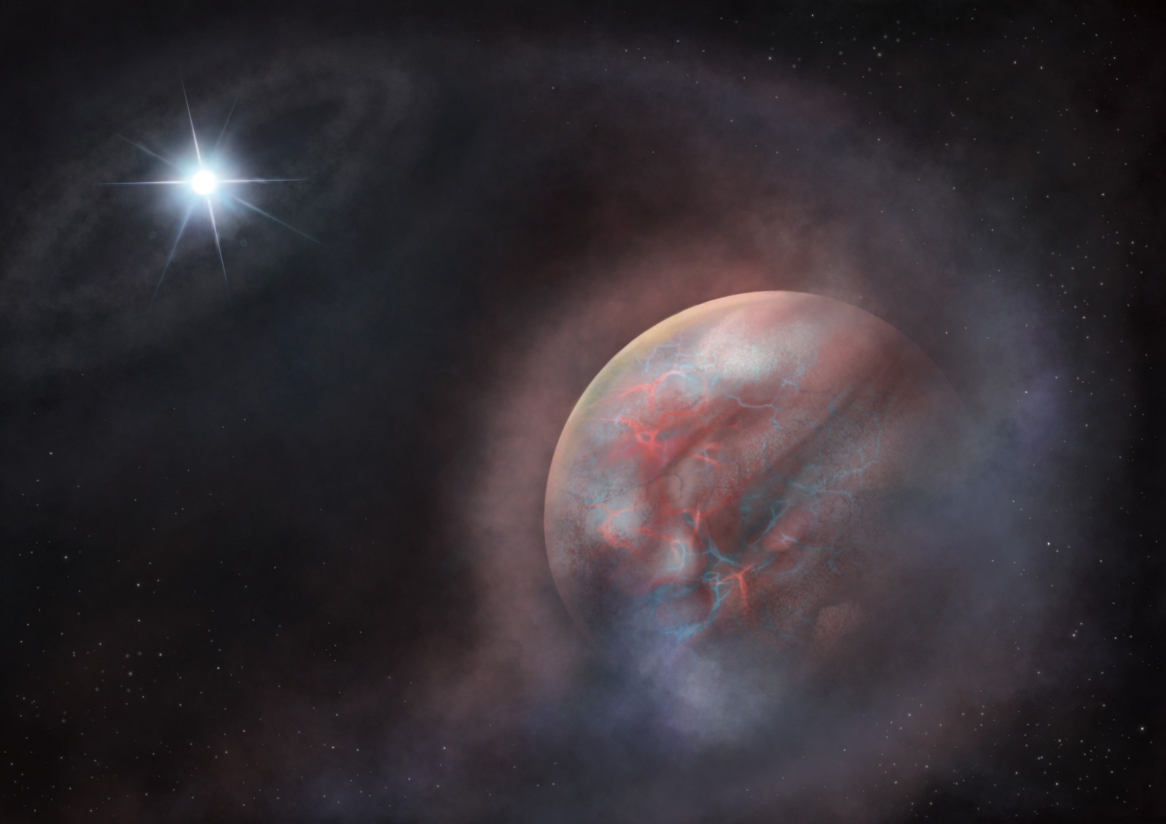 Ilustração de material de um planeta gigante caindo sobre uma anã branca