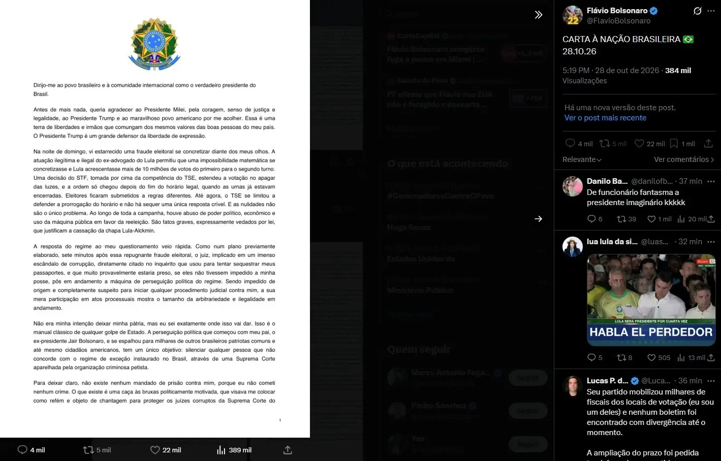 Carta de Flávio Bolsonaro publicada em rede social