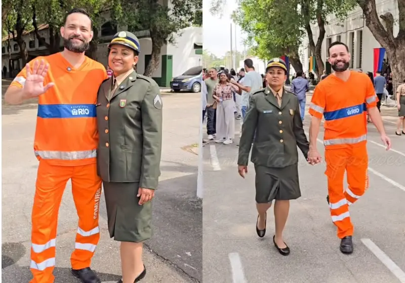 Amauri Fernandes e Amanda Guedes com uniformes de trabalho e militar