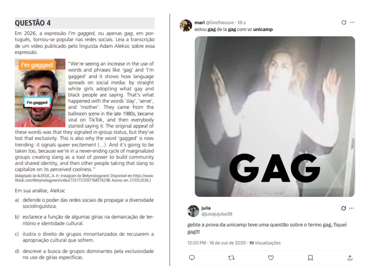 Publicações nas redes sociais sobre a expressão gag na prova da Unicamp