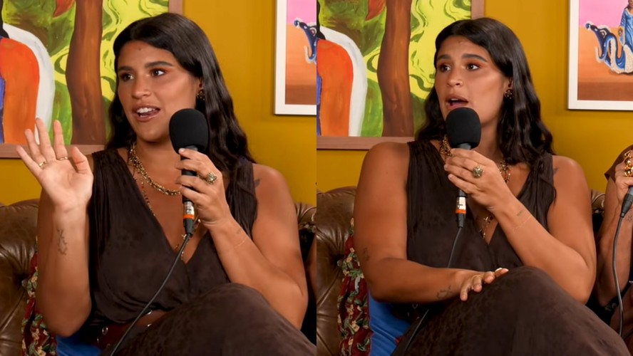 Giulia Costa durante participação no podcast Pé no Sofá Pod