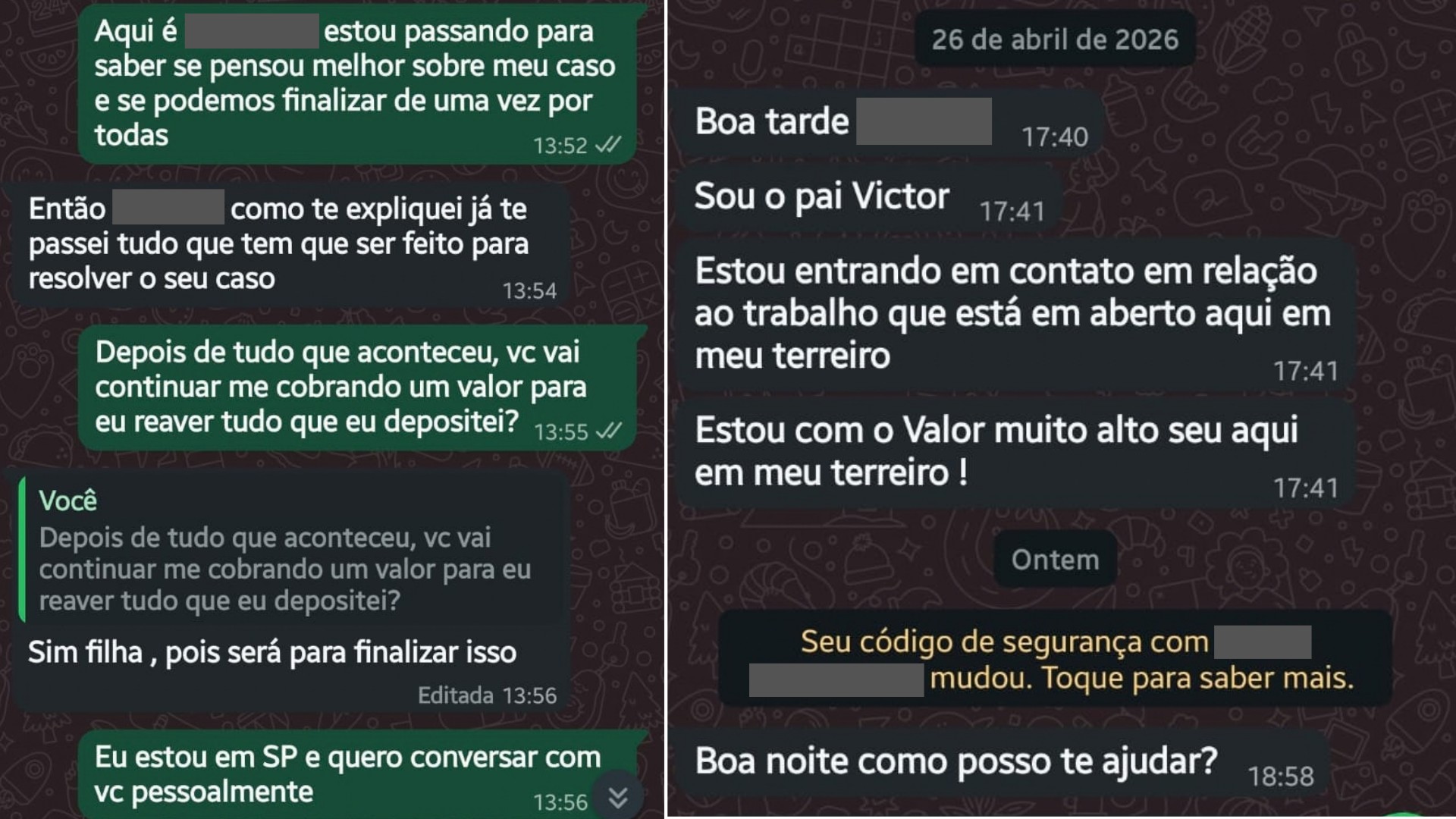 Conversa sobre cobranças por supostos serviços espirituais
