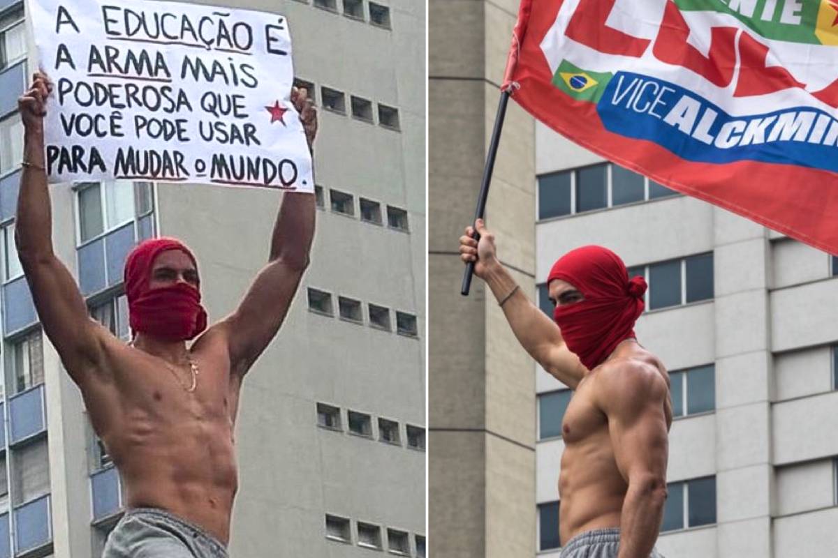 Jovem mascarado e sem camisa durante manifestação pró-Lula