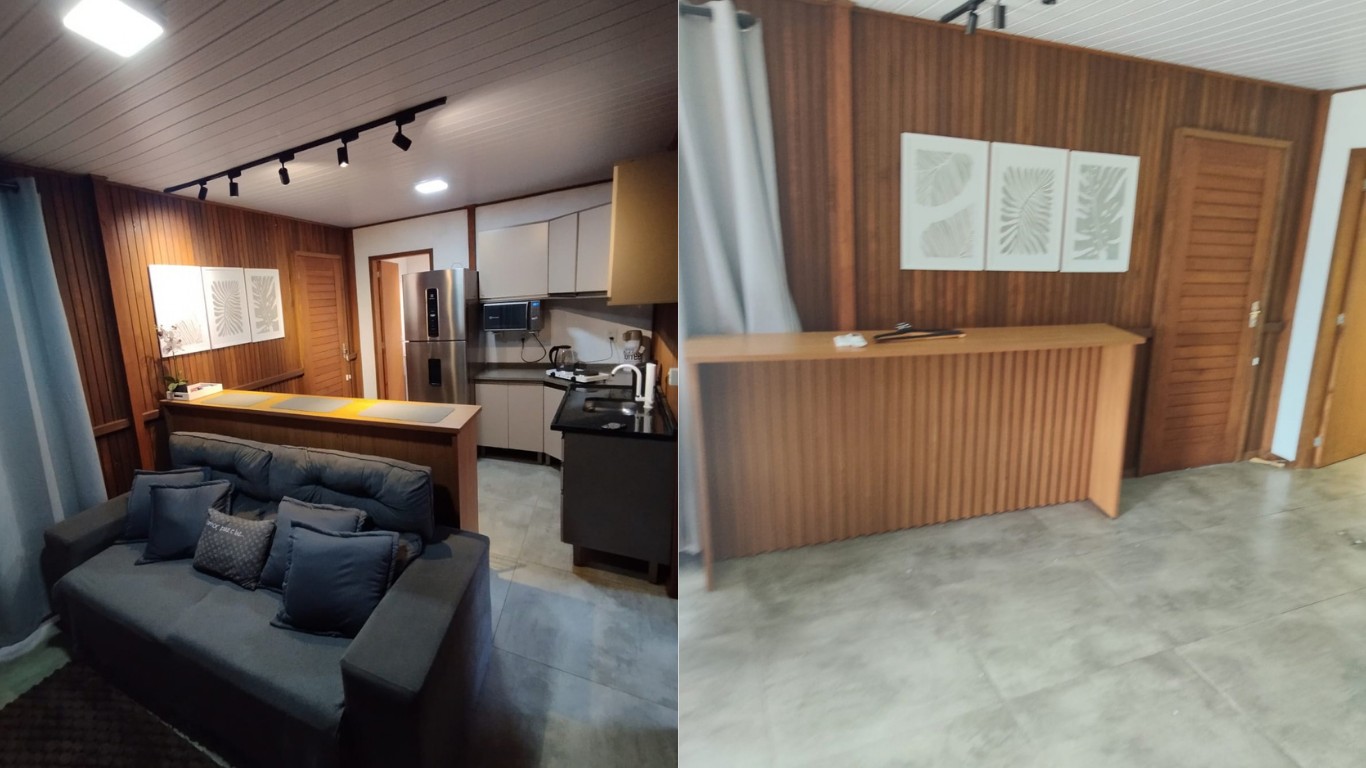 Cômodos de casa de temporada com móveis antes e depois da retirada