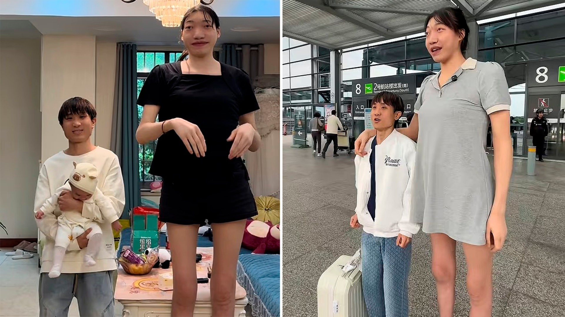 Xiao Yue ao lado do marido e do filho
