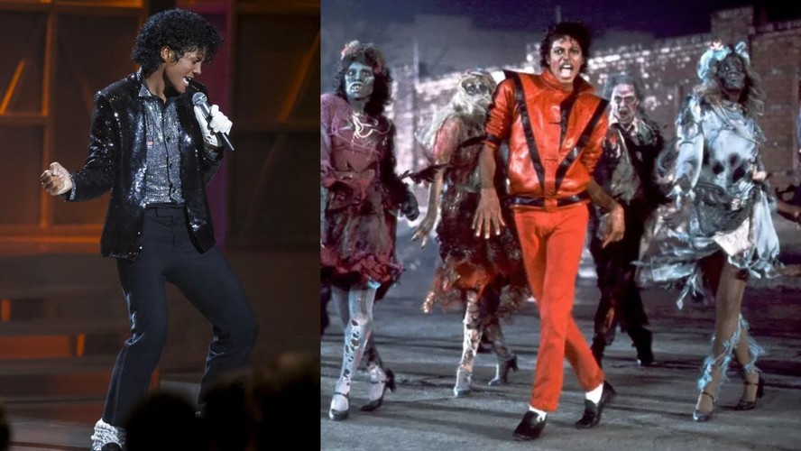 Michael Jackson com figurinos usados em Thriller e no especial Motown 25